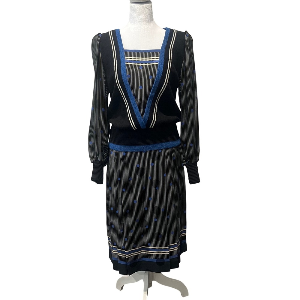 Vintage Umi Collections Anne Crimmins Sweater‎ Skirt Set Black Polka Dot Small